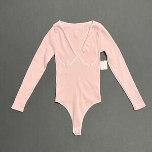 FREE PEOPLE Meg Seamless V-Neck Bodysuit Rose Blush Pink‎ Size M-L Intimately